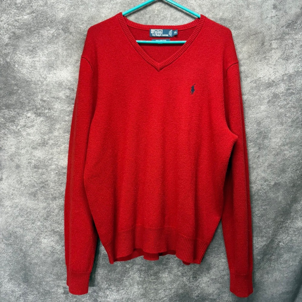 Polo Ralph Lauren Red 100% Lambswool V-Neck Sweater Mens XL Vintage Preppy